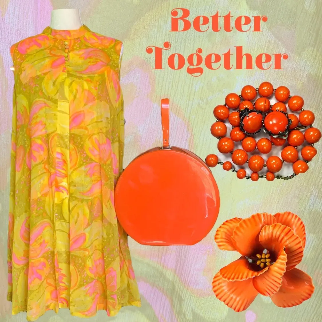 Vintage 1960s Chiffon GoGo Dress by Glenbrooke in a Yellow, Orange and Pink Floral Design.