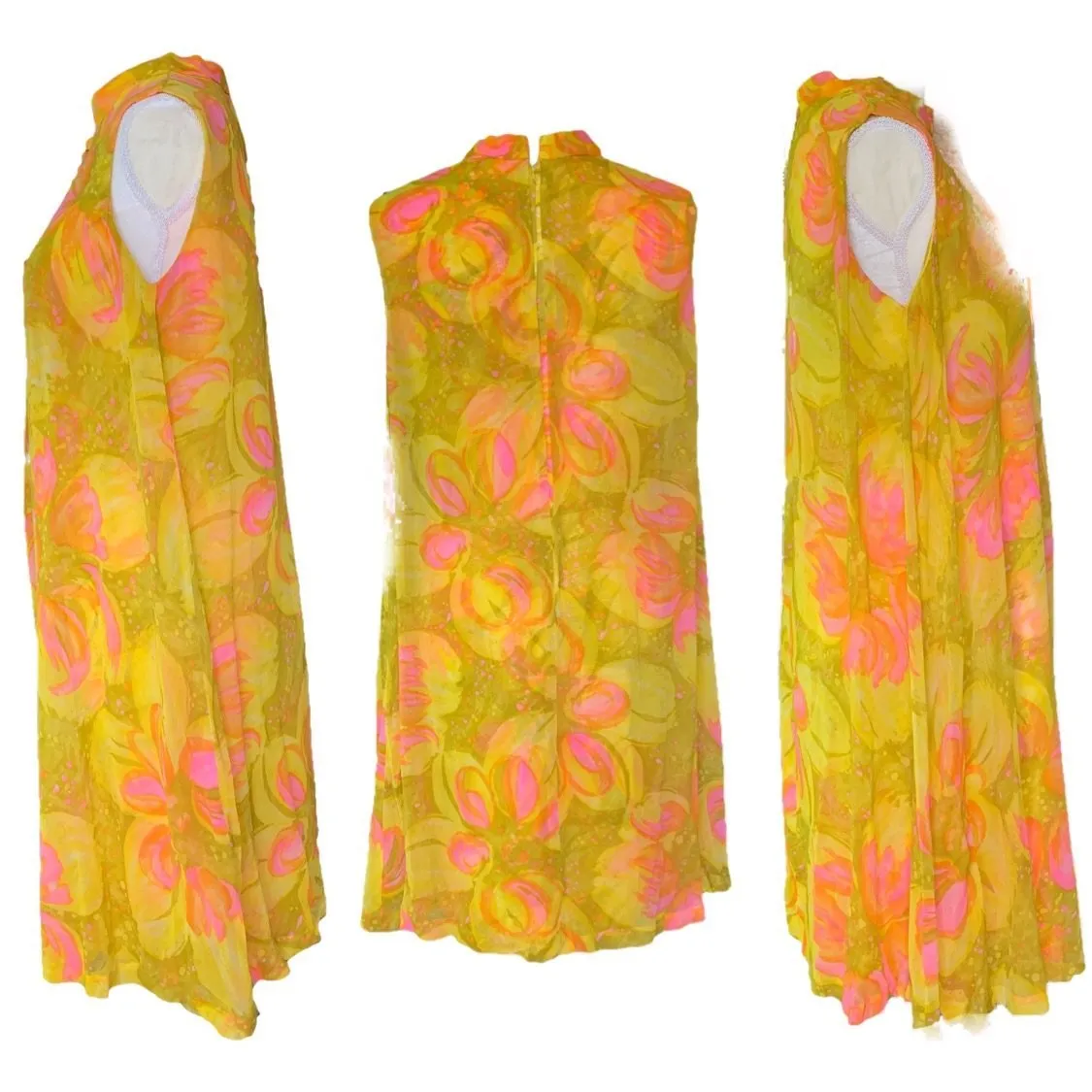 Vintage 1960s Chiffon GoGo Dress by Glenbrooke in a Yellow, Orange and Pink Floral Design.