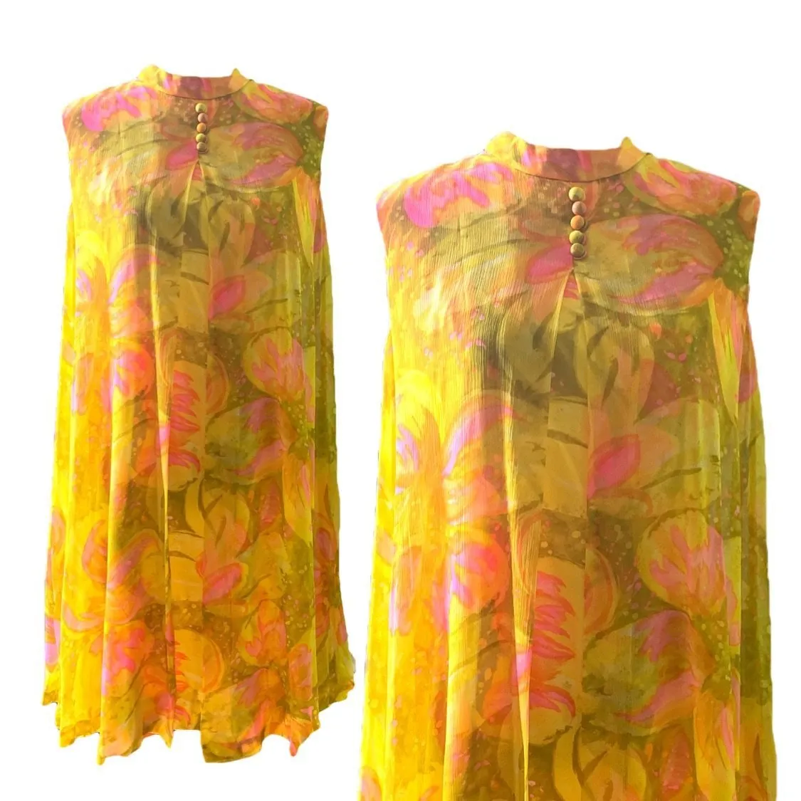 Vintage 1960s Chiffon GoGo Dress by Glenbrooke in a Yellow, Orange and Pink Floral Design.