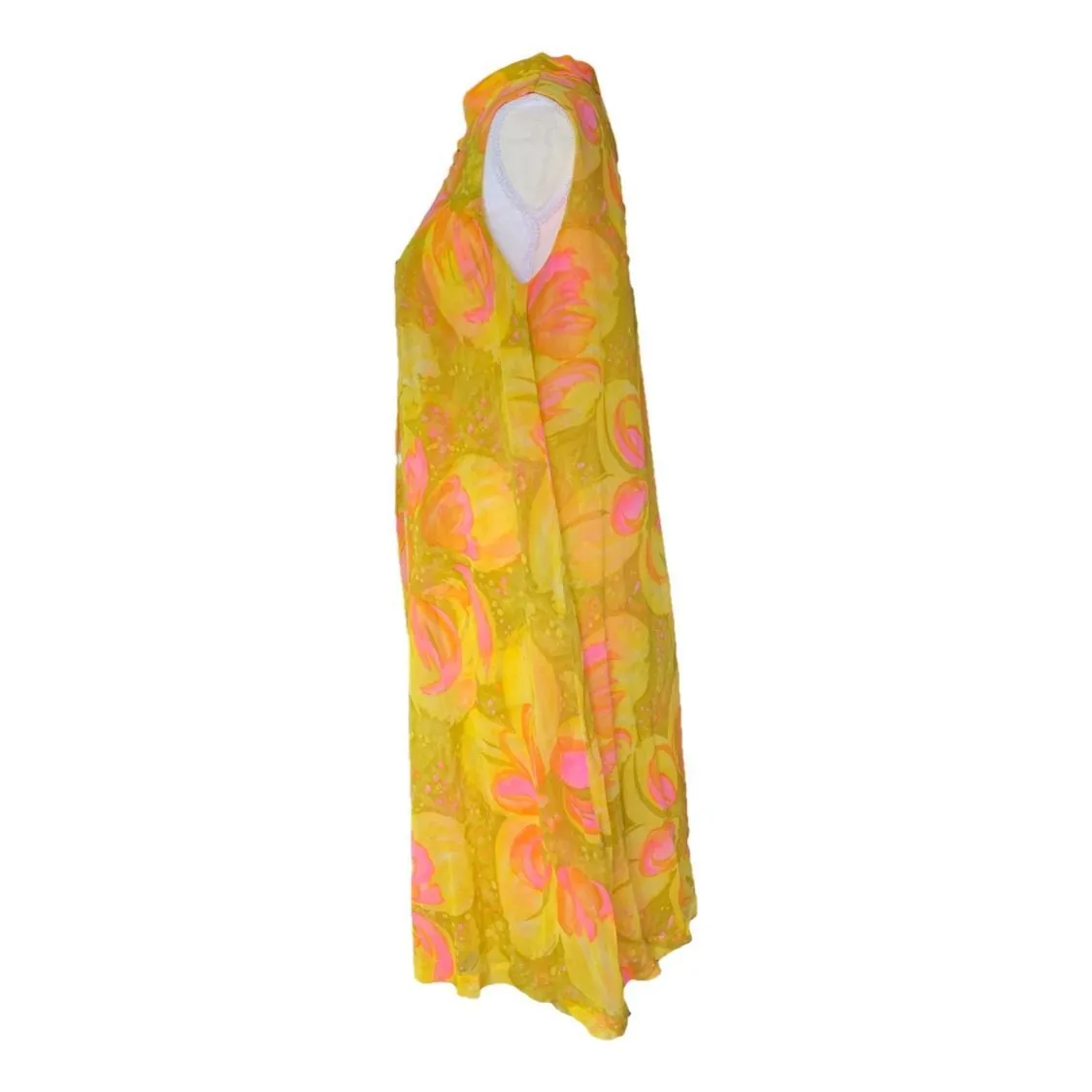 Vintage 1960s Chiffon GoGo Dress by Glenbrooke in a Yellow, Orange and Pink Floral Design.