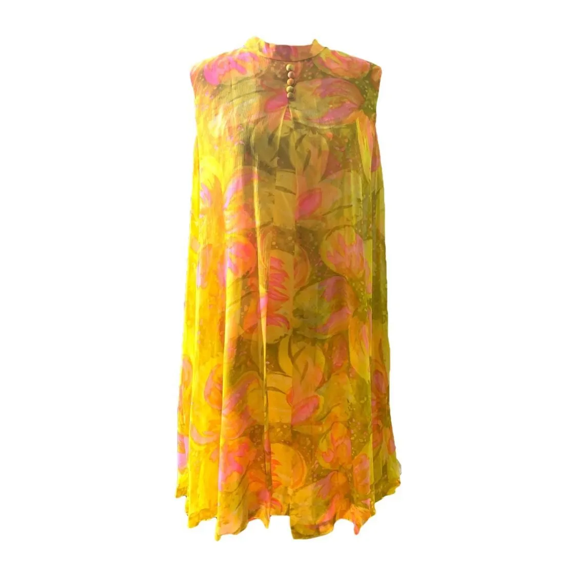 Vintage 1960s Chiffon GoGo Dress by Glenbrooke in a Yellow, Orange and Pink Floral Design.