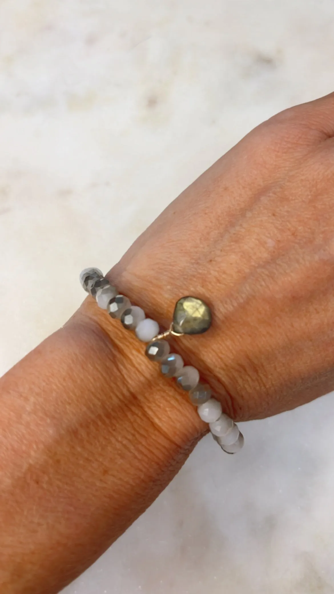 White and Taupe Crystal Bracelet with Labradorite in Gold