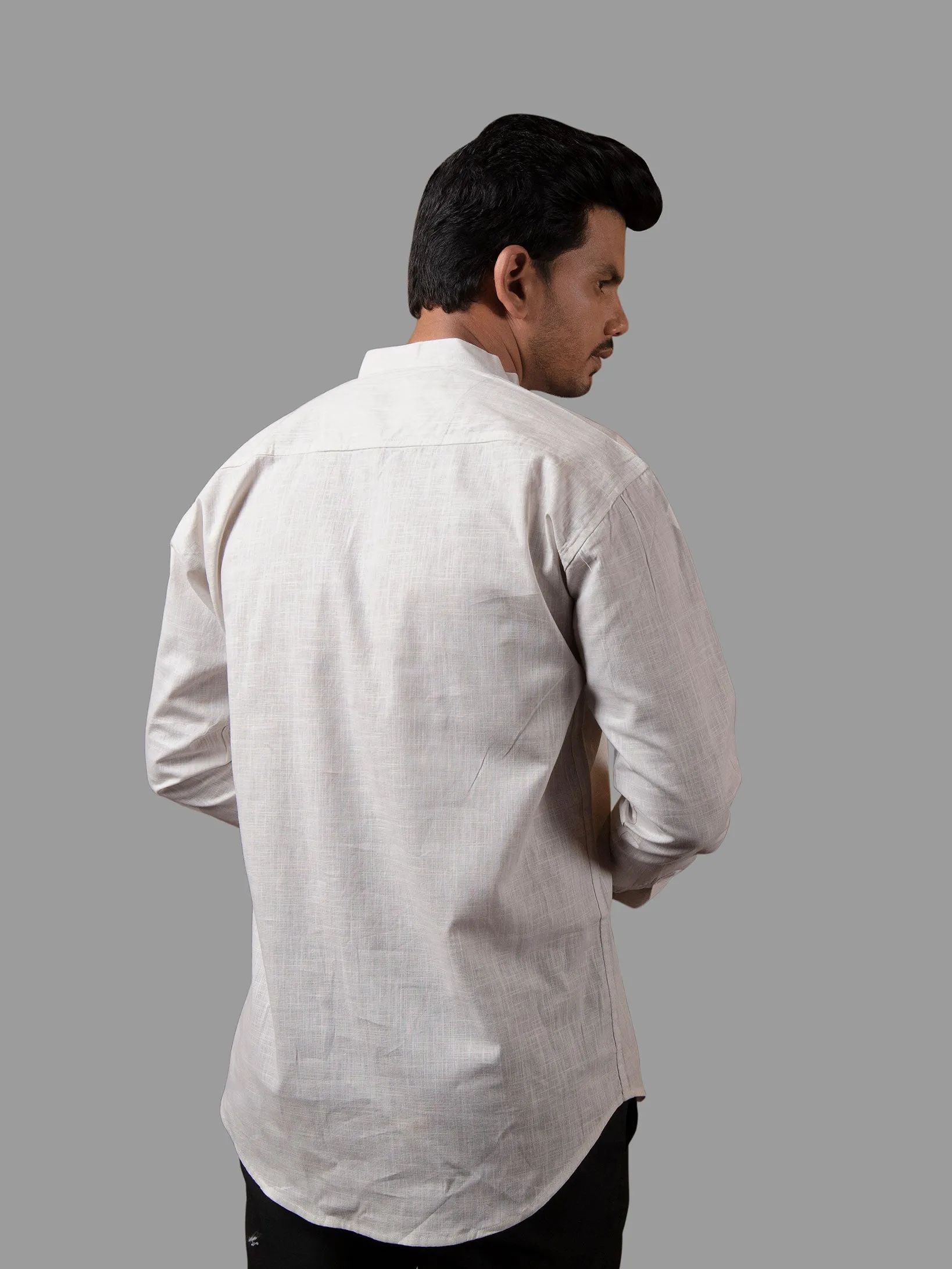 White Cotton Linen Mandarin Collar Kurta Shirt