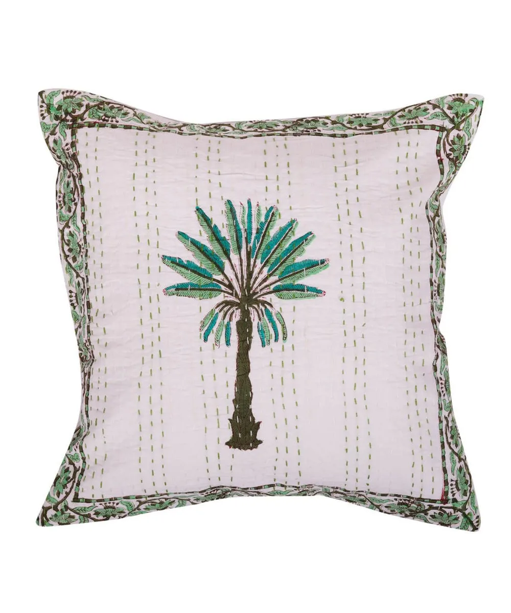 White green handblock kanthastitch cotton cushion cover